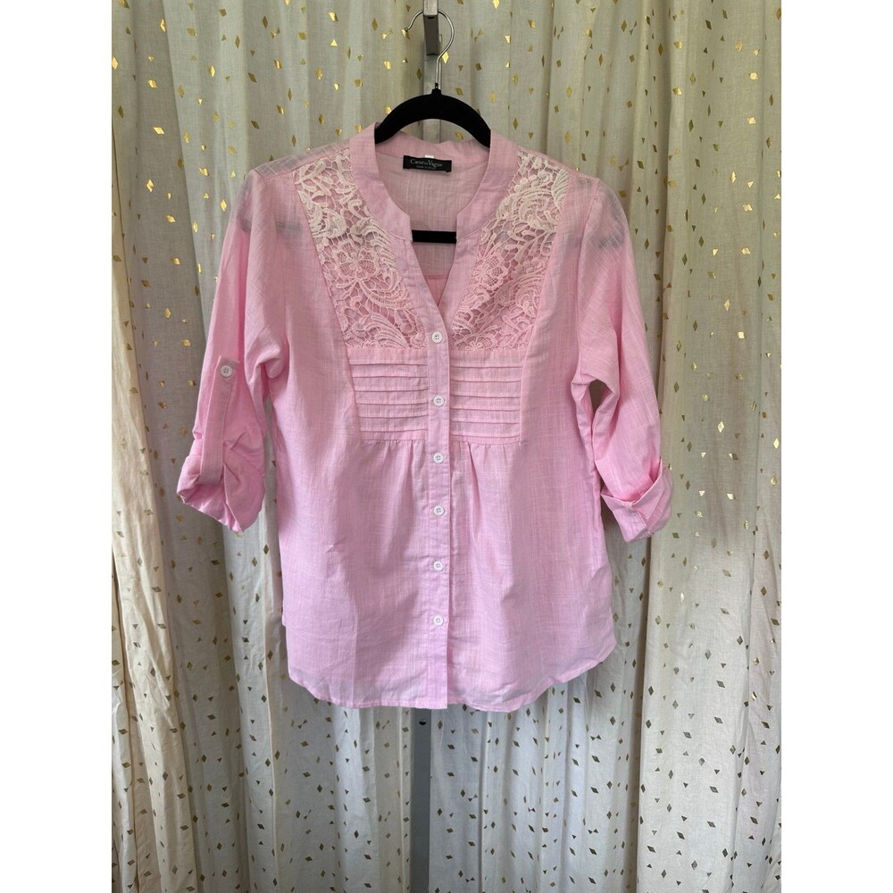 Coeur De Vague Women's 100% Cotton Lace Neckline Tunic Button Down Shirt S